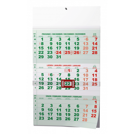 BNC2-26 Nástěnný kalendář - Tříměsíční - A3 (s mezinárodními svátky) - zelený           -1