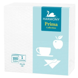Papírové ubrousky Harmony Prima 1-vrstvé 33x33cm bílé 100ks
