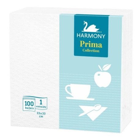 Papírové ubrousky Harmony Prima 1-vrstvé 33x33cm bílé 100ks